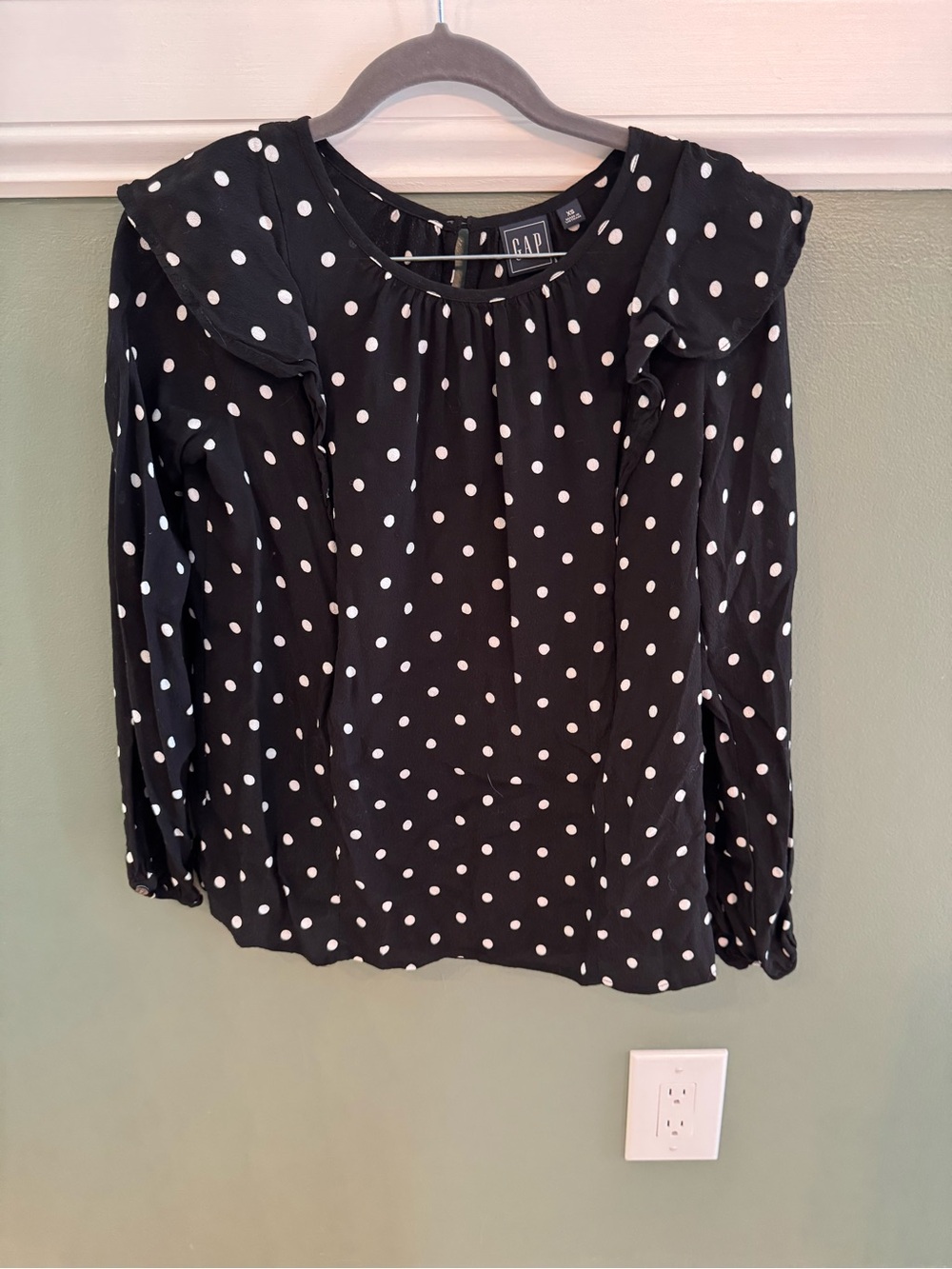 GAP Maternity Black Blouse with White Polka Dots and Ruffle Shoulders